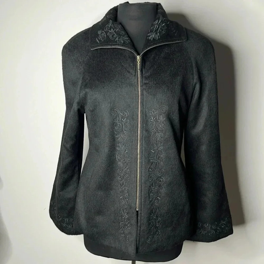 VTG Alpacouture Women Baby Alpaca Blend Black Embroidered Jacket Size M